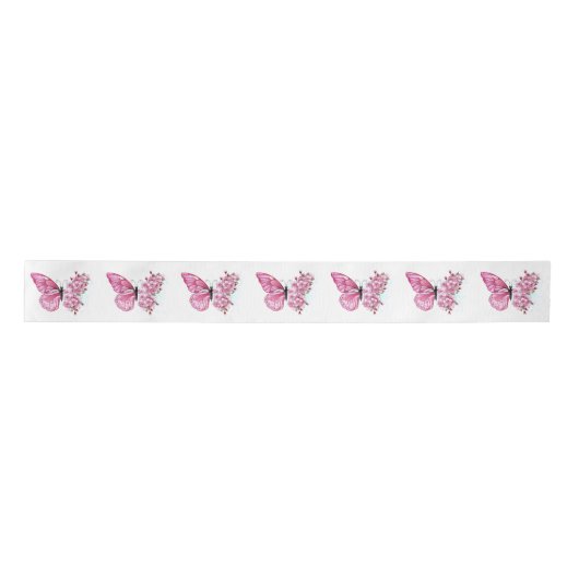 Ruban En Satin Papillon à fleurs avec Sakura rose (Devant)