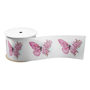 Ruban En Satin Papillon à fleurs avec Sakura rose