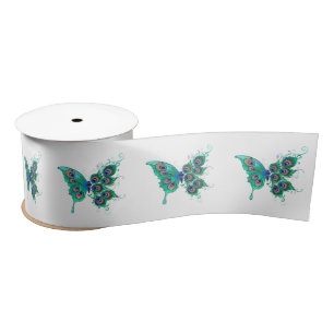 Ruban En Satin Papillon aux plumes de paon vert