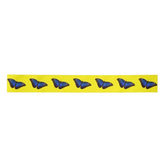 Ruban En Satin Papillon bleu Morpho sur Bright Yellow (Devant)