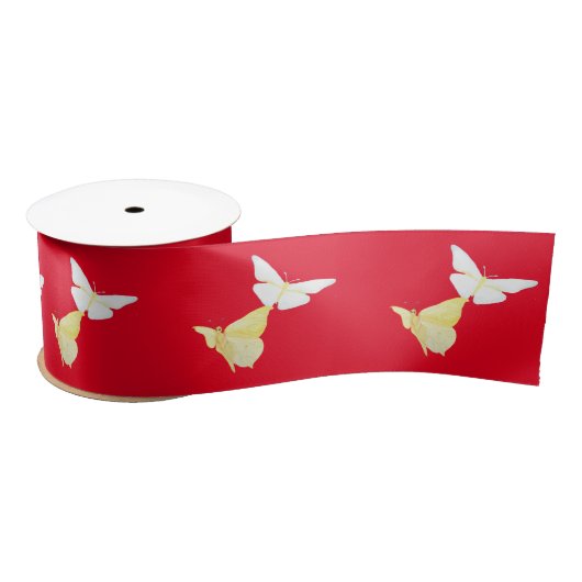 Ruban En Satin Papillons blancs et jaunes clairs volant rouge (Bobine)