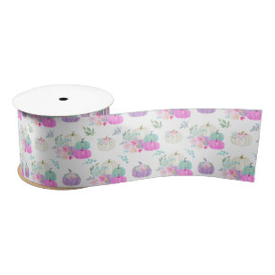 Ruban En Satin Pastel Floral Citrouilles en rose, violet et bleu