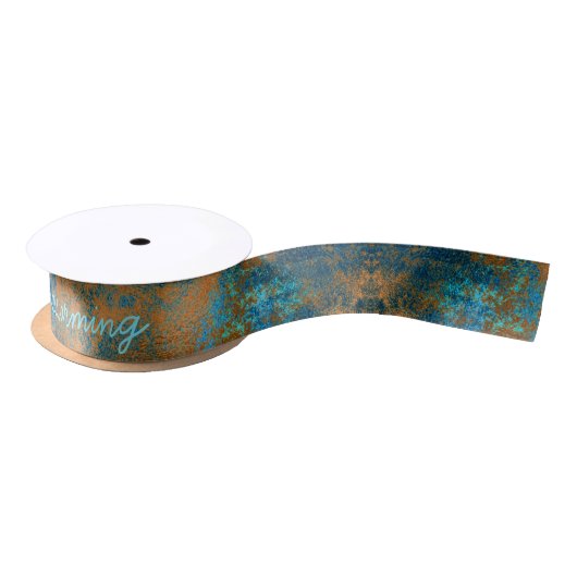 Ruban En Satin Patina - texte personnalisé bleu, turquoise, rouil (Bobine)