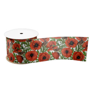 Ruban En Satin Pavot rouge et brindilles, feuilles verts sur blan