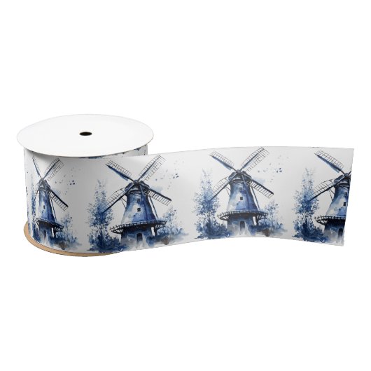 Ruban En Satin Paysage de style Delft bleu et blanc avec moulin à (Bobine)