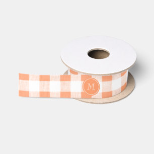 Ruban En Satin Pêche et guingan blanc, votre monogramme