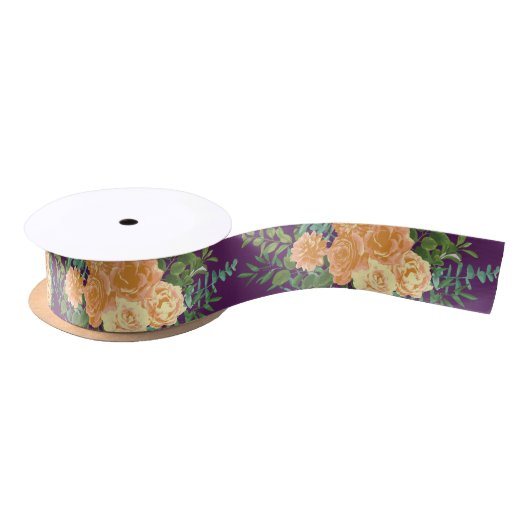 Ruban En Satin Pêche & Plum Purple Peony & Rose Floral Mariage (Bobine)