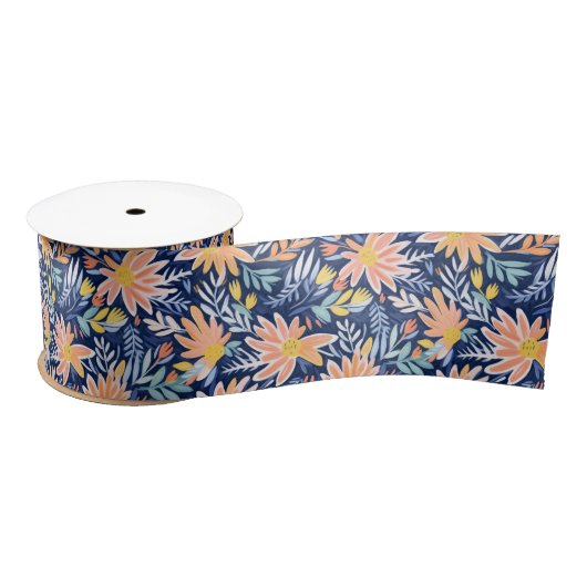 Ruban En Satin Pêcher bleu folk floral (Bobine)