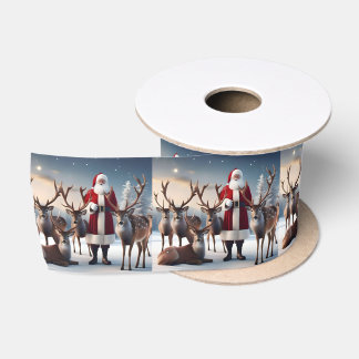 Ruban En Satin Père Noël Posant Avec Ses Rennes,