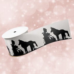 Ruban En Satin Petit Chaperon Rouge avec fleurs de loup Noir Blan