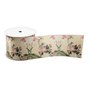 RUBAN EN SATIN PETIT OISEAU AVEC ROSES PINK ET FLEURS DE LOTUS