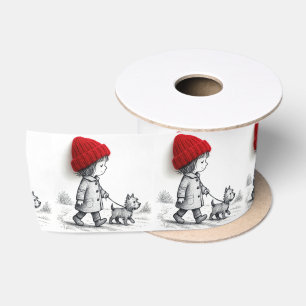 Ruban En Satin Petite Fille Au Chapeau Rouge Promenant Son Chien