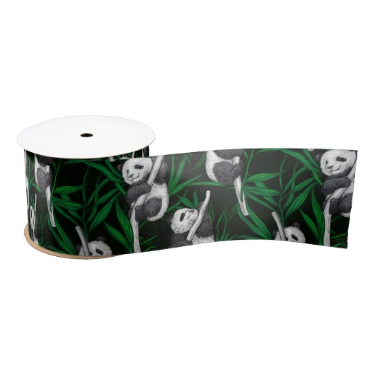 Ruban En Satin Petits panda sur vert foncé (Bobine)