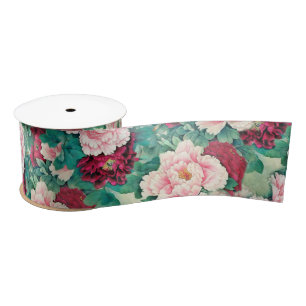 Ruban En Satin Pies roses rouges et Motif Feuille vert