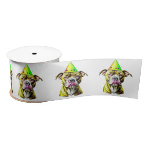 Ruban En Satin Pitbull avec chapeau d'anniversaire 