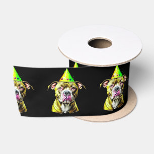 Ruban En Satin Pitbull avec chapeau d'anniversaire