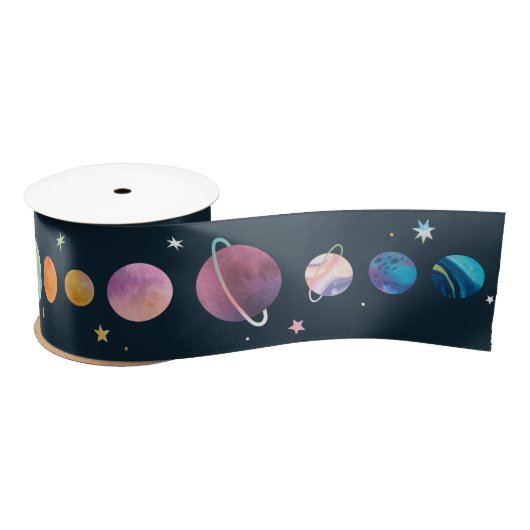 Ruban En Satin Planètes spatiales Étoiles Lune Galaxie Aquarelle (Bobine)