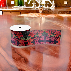Ruban En Satin Poinsettia Rouge Fleurs de Noël Satin Ruban