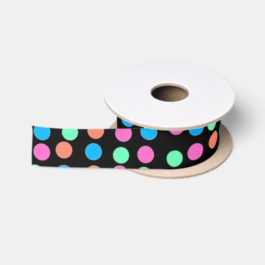 Ruban En Satin Points Pastel Printemps sur Noir (Bobine)