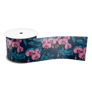 Ruban En Satin Pois de senteur et bourdons, rose et bleu