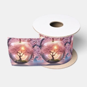 Ruban En Satin Pomme Translucide Rose Avec Scène Pommier,
