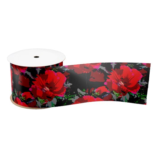 Ruban En Satin Poppy Red Retro Floral Design (Bobine)