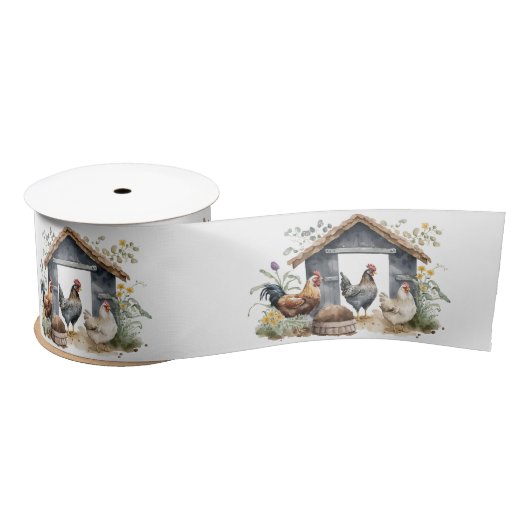 Ruban En Satin Poulets d'aquarelle en coop (Bobine)