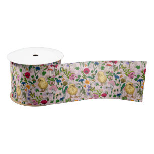 Ruban En Satin Poulets et fleurs sauvages sur coton bonbon rose
