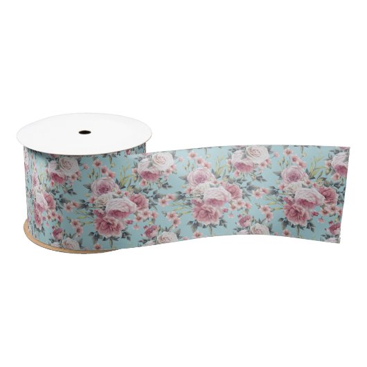 Ruban En Satin Profusion rose - Arrière - plan Turquoise (Bobine)