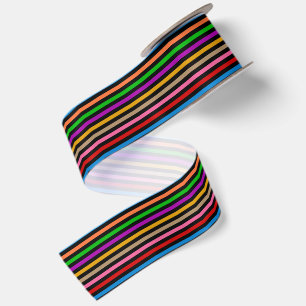 Ruban En Satin Rayures de lignes arc-en-ciel colorées - Noir 