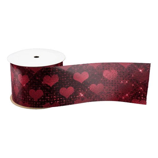 Ruban En Satin Red Glitter Glam Hearts Pattern (Bobine)