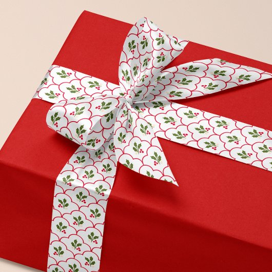 Ruban En Satin Red Scallop Holly Branch et Berries Noël