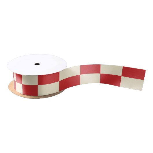 Ruban En Satin Retro Christmas Checkered Red Cream Pattern (Bobine)