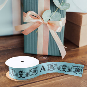 Ruban En Satin Retro Elégant Pastel Aqua Blue Floral Et Monogramm