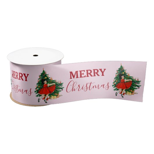 Ruban En Satin Retro Joyeux Noël Fille Noël Arbre rose (Bobine)
