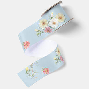 Ruban En Satin Rose d'Eau Douce Bleue en Aquarelle Florale