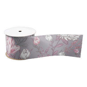 RUBAN EN SATIN ROSE PASTEL & FLEURS GRIS