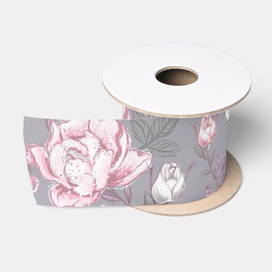 RUBAN EN SATIN ROSE PASTEL & FLEURS GRIS (Bobine)