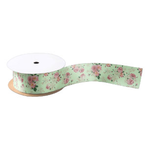 Ruban En Satin Rose sur Vert Vintage Floral