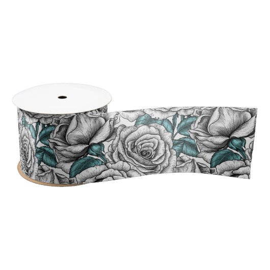 Ruban En Satin Roses blanches avec feuilles bleus (Bobine)