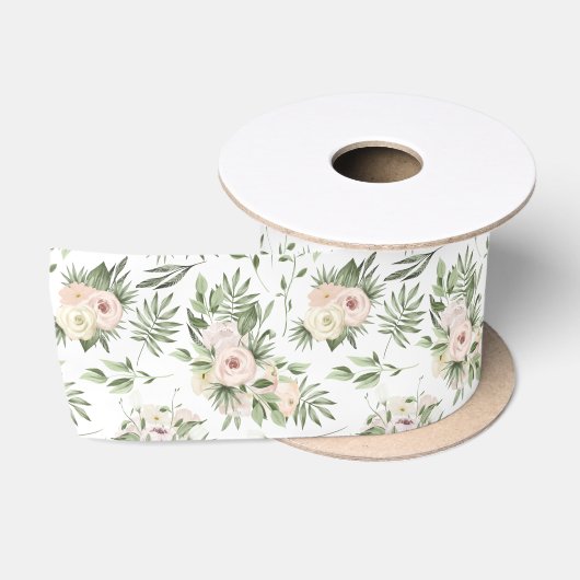 Ruban En Satin Roses blanches et satin verdure (Bobine)