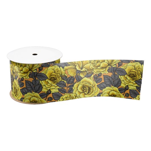 Ruban En Satin Roses jaunes avec feuilles gris sur orange (Bobine)