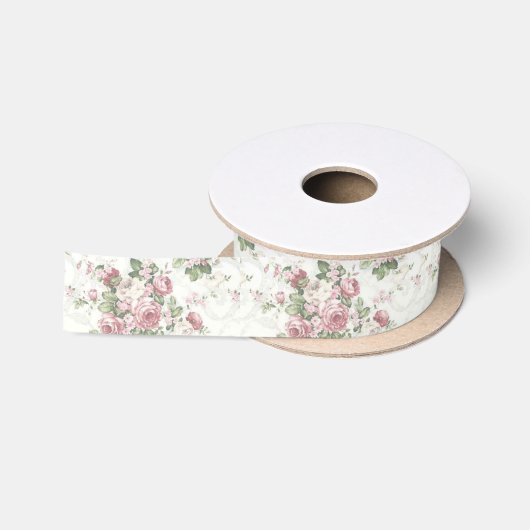 Ruban En Satin Roses roses sur fond blanc (Bobine)