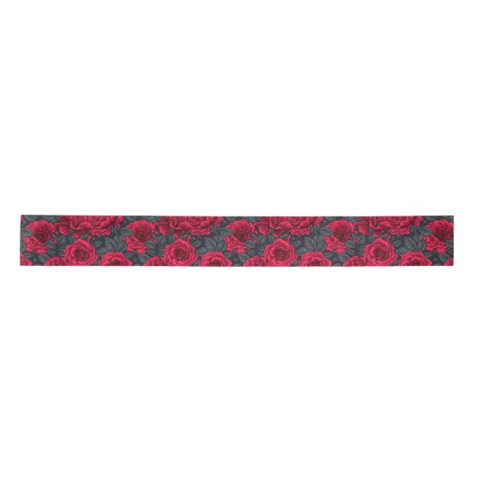 Ruban En Satin Roses rouges avec feuilles gris sur noir (Devant)