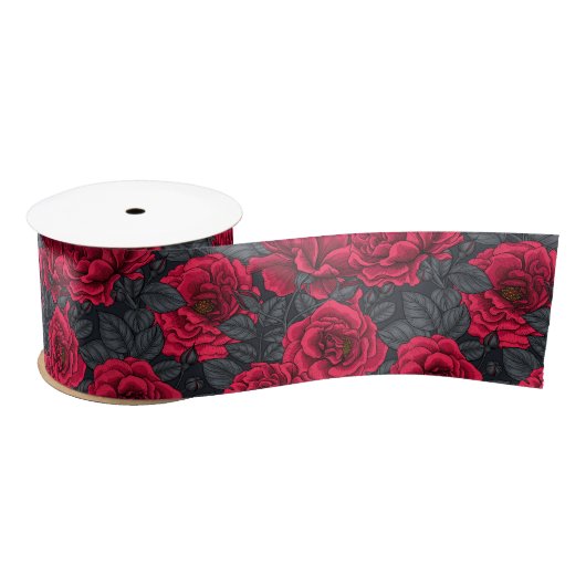Ruban En Satin Roses rouges avec feuilles gris sur noir (Bobine)