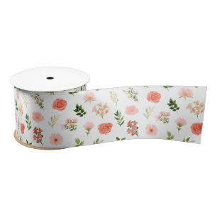 Ruban En Satin Roses rouges corail et motif de feuillage