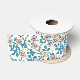 Ruban En Satin Roses sauvages et papillons /rose/bleu/blanc cassé