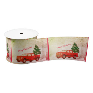 Ruban En Satin Rouge Camion Retro Vintage Joyeux Noël Ruban