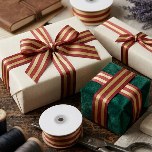Ruban En Satin Rouge et or rayures de Noël classique