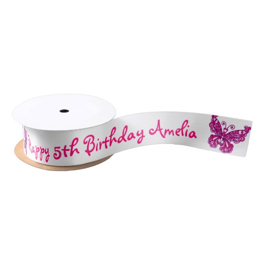 Ruban En Satin Ruban de nom d'anniversaire de papillon rose (Bobine)